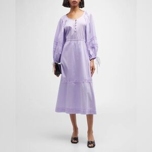 Harshman Belle Blouson-Sleeve Lace-Trim Midi Dress